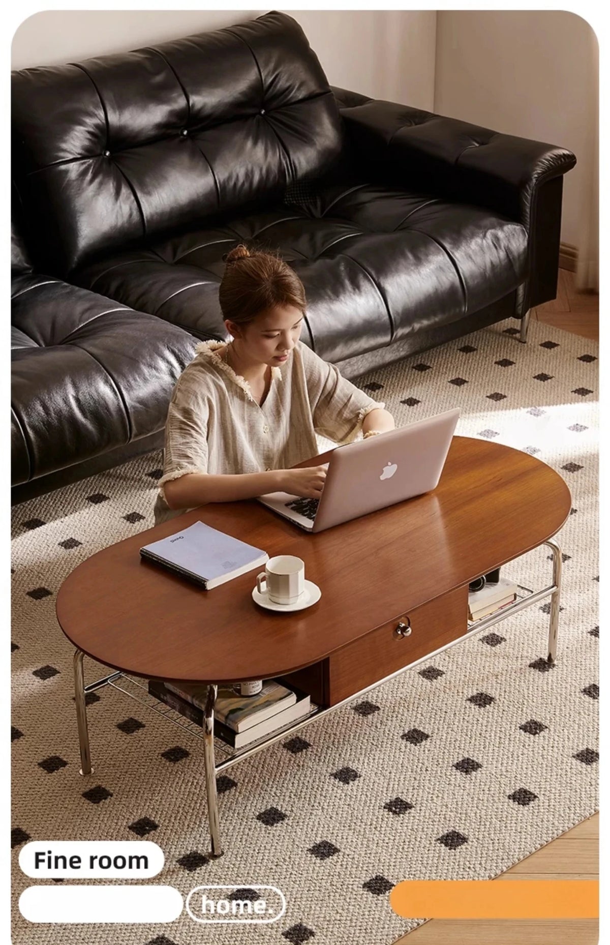 Stylish Cherry Wood & Stainless Steel Coffee Table - Space-Saving Design for Modern Living Rooms - 47.24 x 23.62 hby-4600