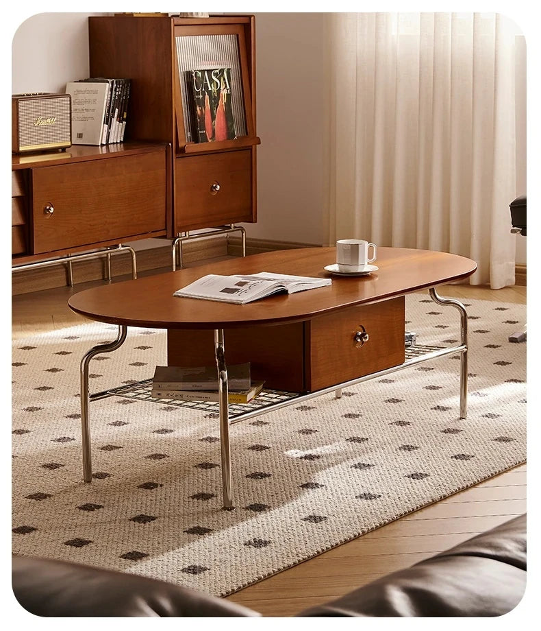 Stylish Cherry Wood & Stainless Steel Coffee Table - Space-Saving Design for Modern Living Rooms - 47.24 x 23.62 hby-4600