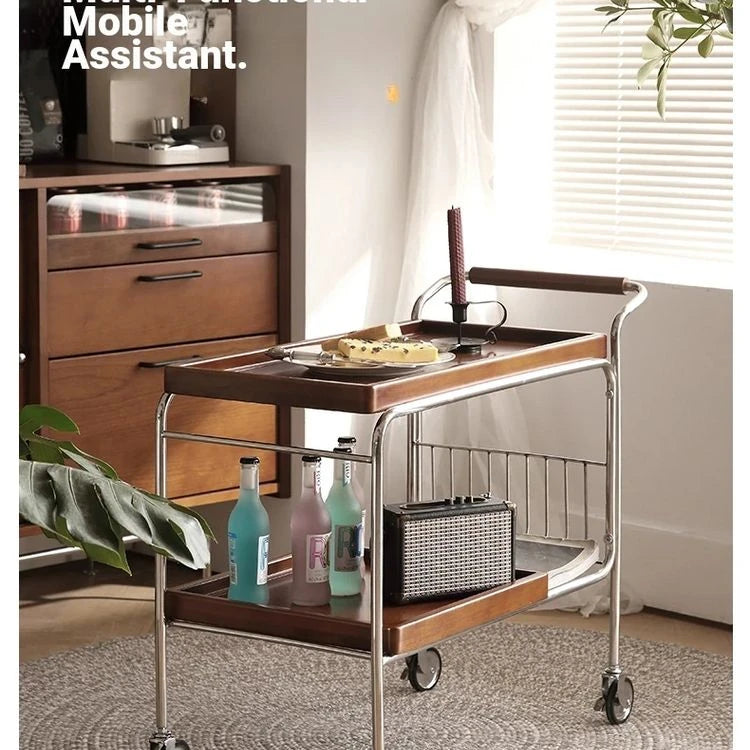 Elegant Cherry Wood and Stainless Steel Serving Cart – Perfect for Home Entertaining and Stylish Storage hby-4602