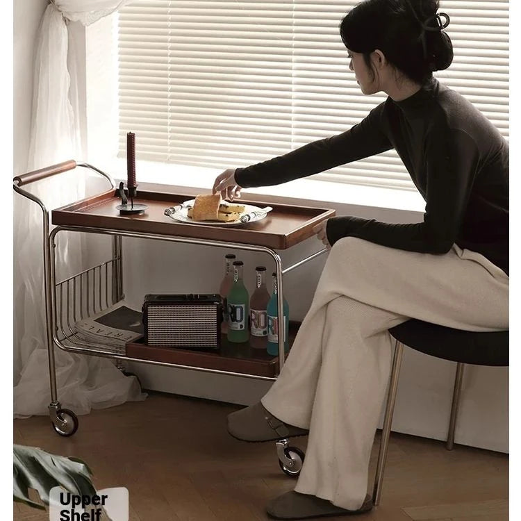 Elegant Cherry Wood and Stainless Steel Serving Cart – Perfect for Home Entertaining and Stylish Storage hby-4602