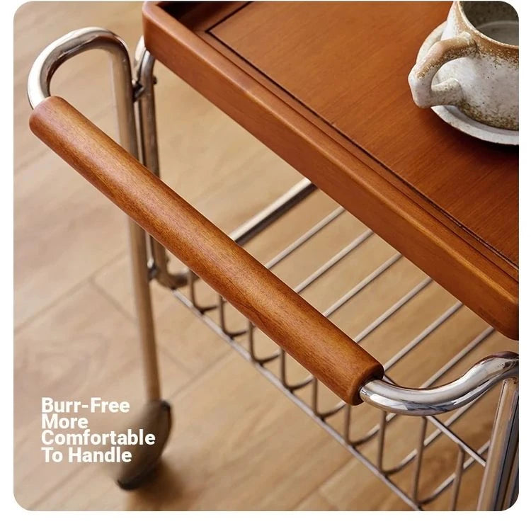 Elegant Cherry Wood and Stainless Steel Serving Cart – Perfect for Home Entertaining and Stylish Storage hby-4602