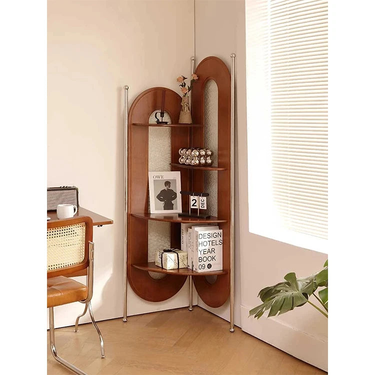 Elegant Cherry Wood and Glass Corner Storage Rack - Stylish Multi-Functional Shelving Unit for Home Decor hby-4603