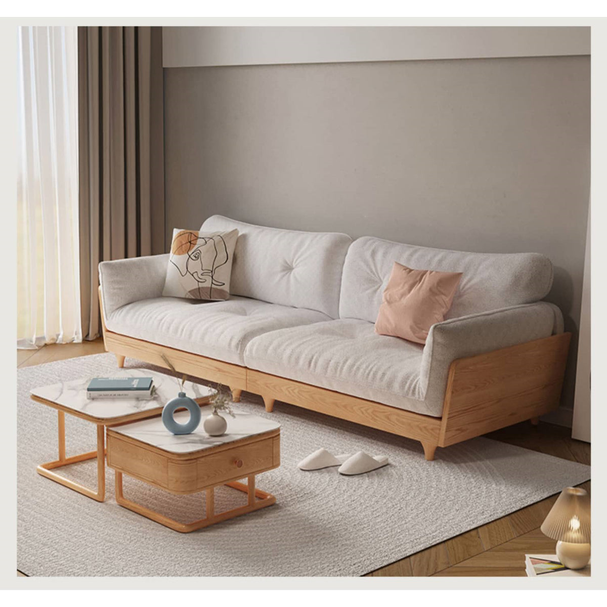 Elegant Off White Sofa with Oak Wood Frame and Plush Goose Down Fill hbzwg-631