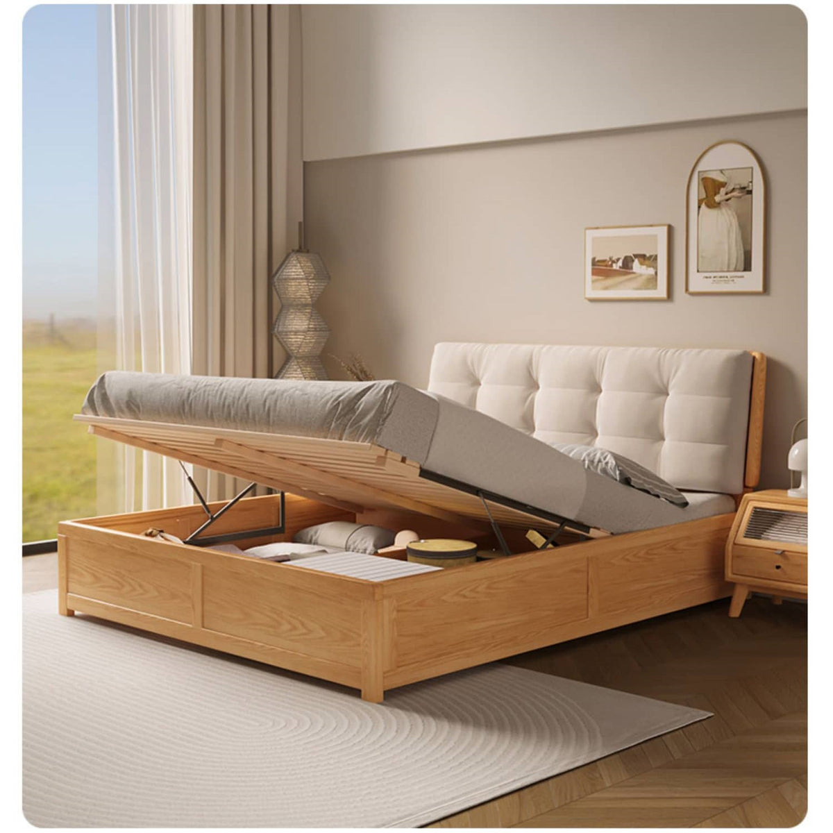 Luxurious Off White Bed with Oak Wood Frame and Goose Down Fill - Scratch-Resistant Fabric Finish hbzwg-632