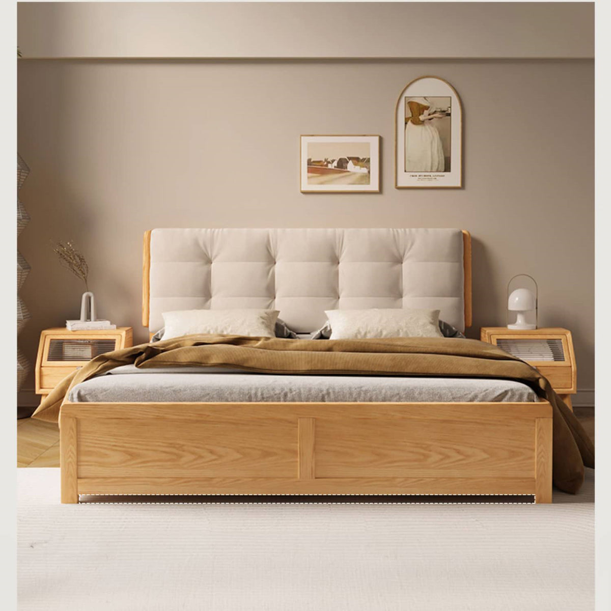 Luxurious Off White Bed with Oak Wood Frame and Goose Down Fill - Scratch-Resistant Fabric Finish hbzwg-632