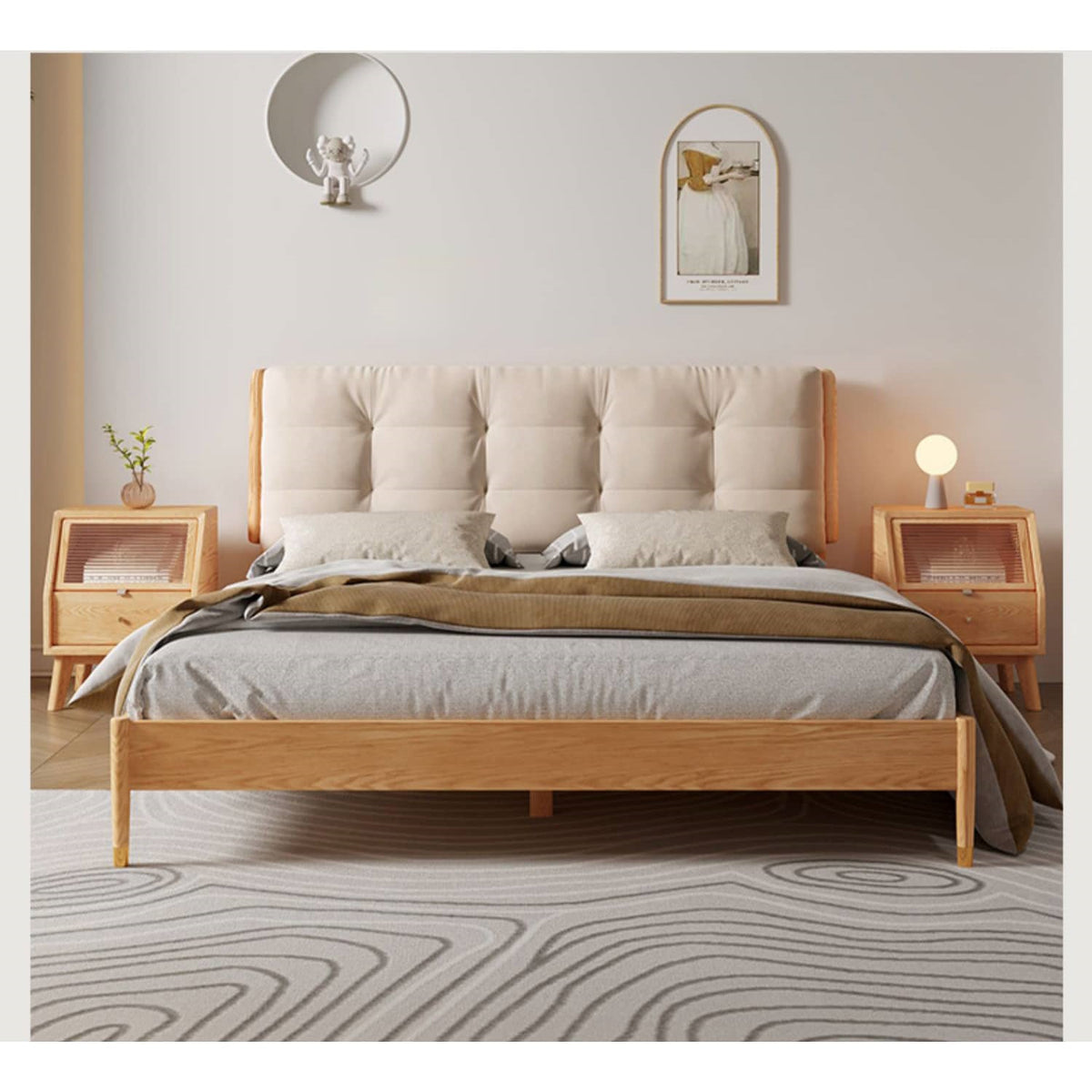 Luxurious Off White Bed with Oak Wood Frame and Goose Down Fill - Scratch-Resistant Fabric Finish hbzwg-632