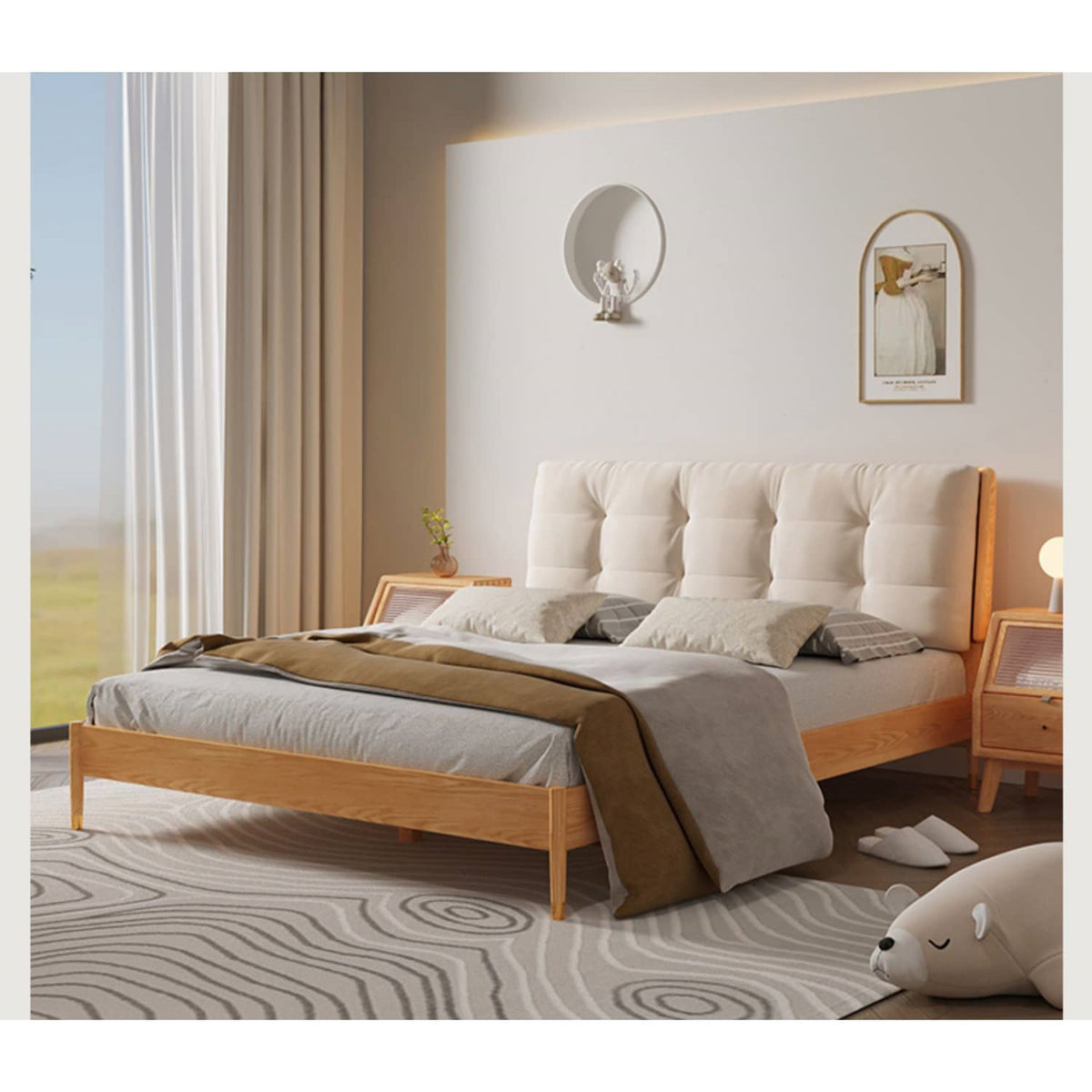 Luxurious Off White Bed with Oak Wood Frame and Goose Down Fill - Scratch-Resistant Fabric Finish hbzwg-632