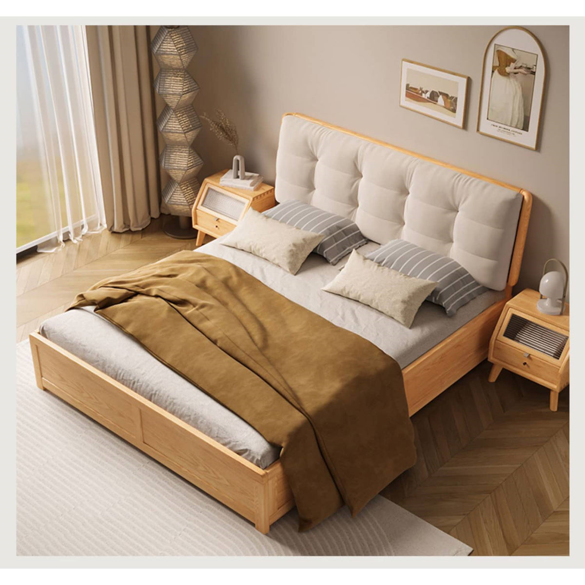 Luxurious Off White Bed with Oak Wood Frame and Goose Down Fill - Scratch-Resistant Fabric Finish hbzwg-632