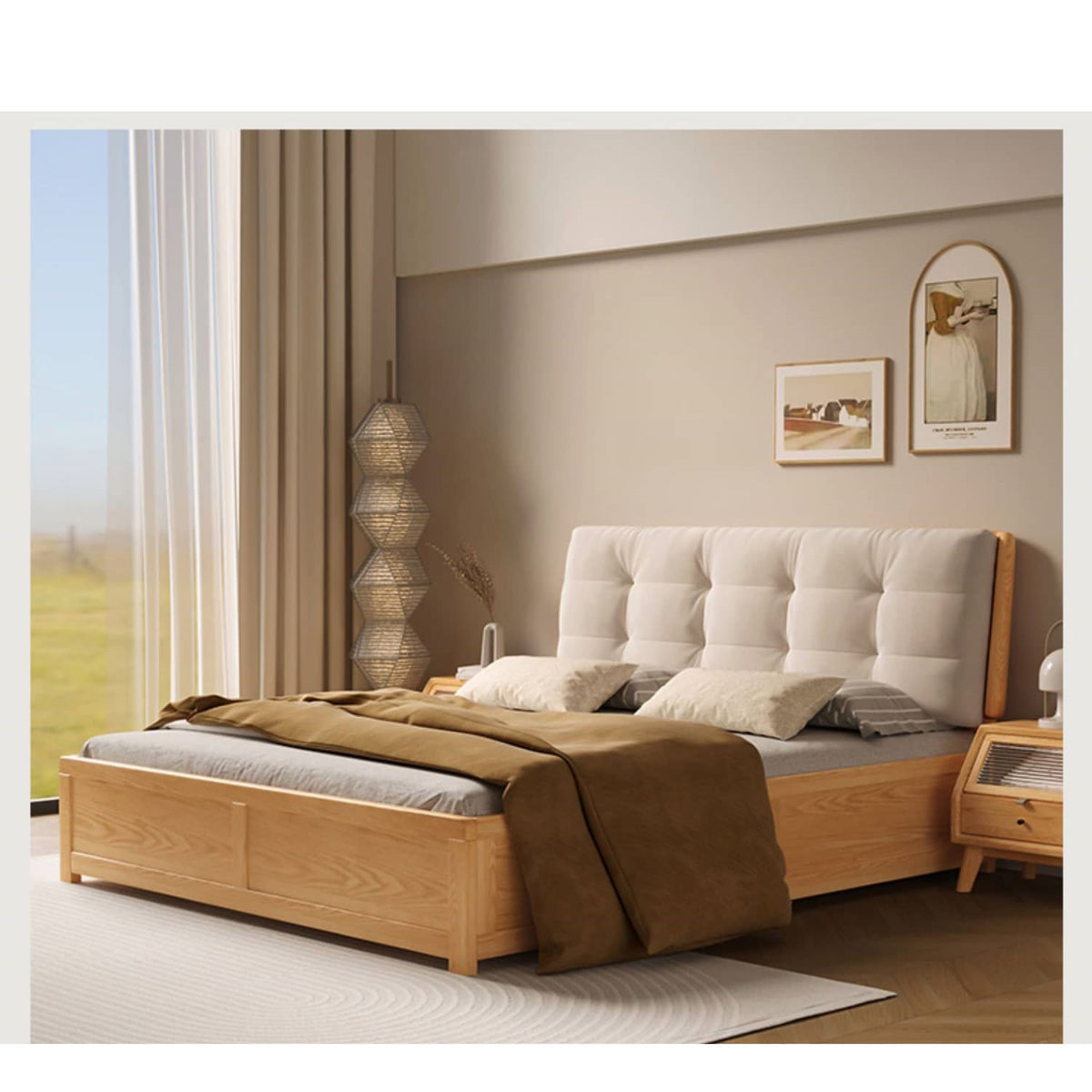 Luxurious Off White Bed with Oak Wood Frame and Goose Down Fill - Scratch-Resistant Fabric Finish hbzwg-632