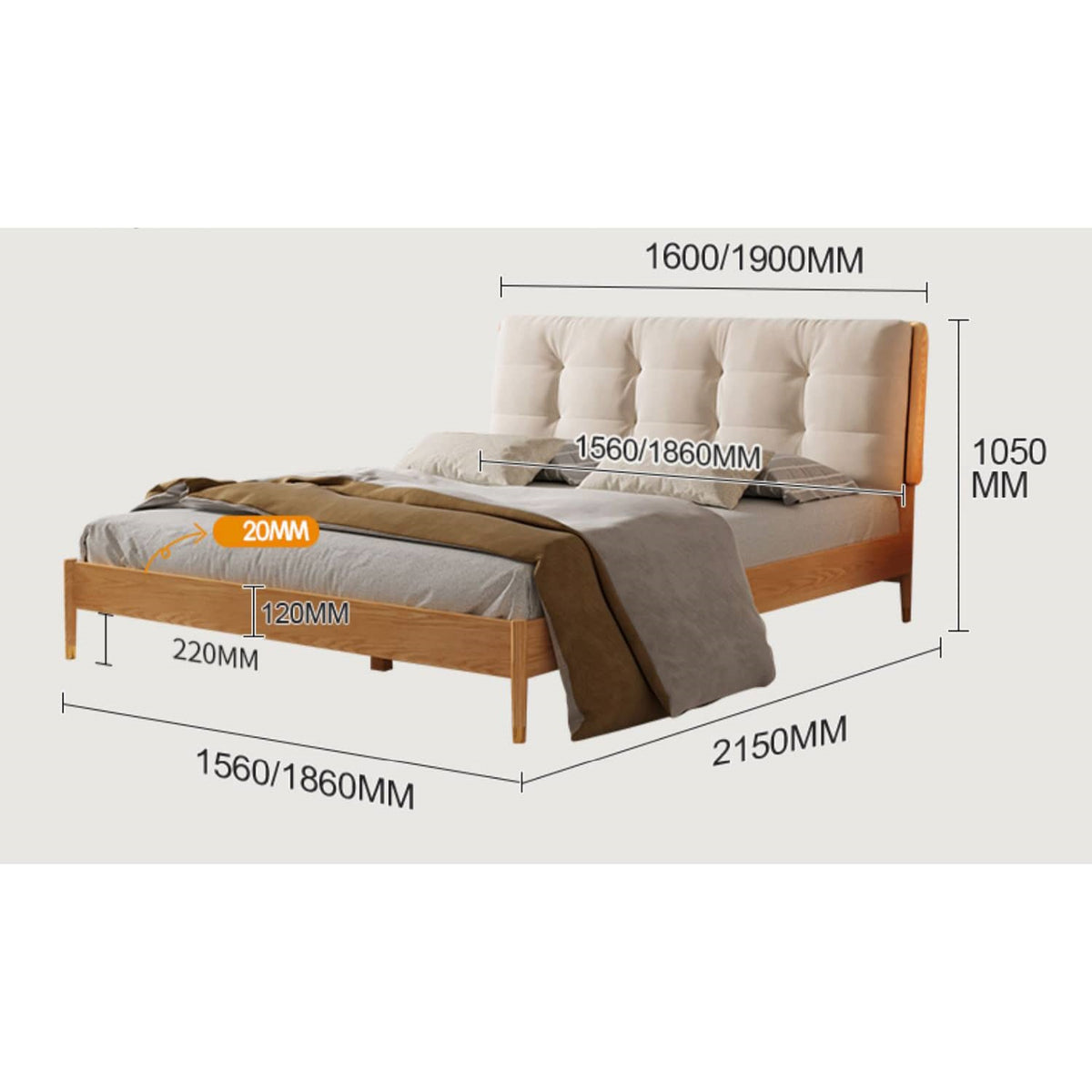 Luxurious Off White Bed with Oak Wood Frame and Goose Down Fill - Scratch-Resistant Fabric Finish hbzwg-632