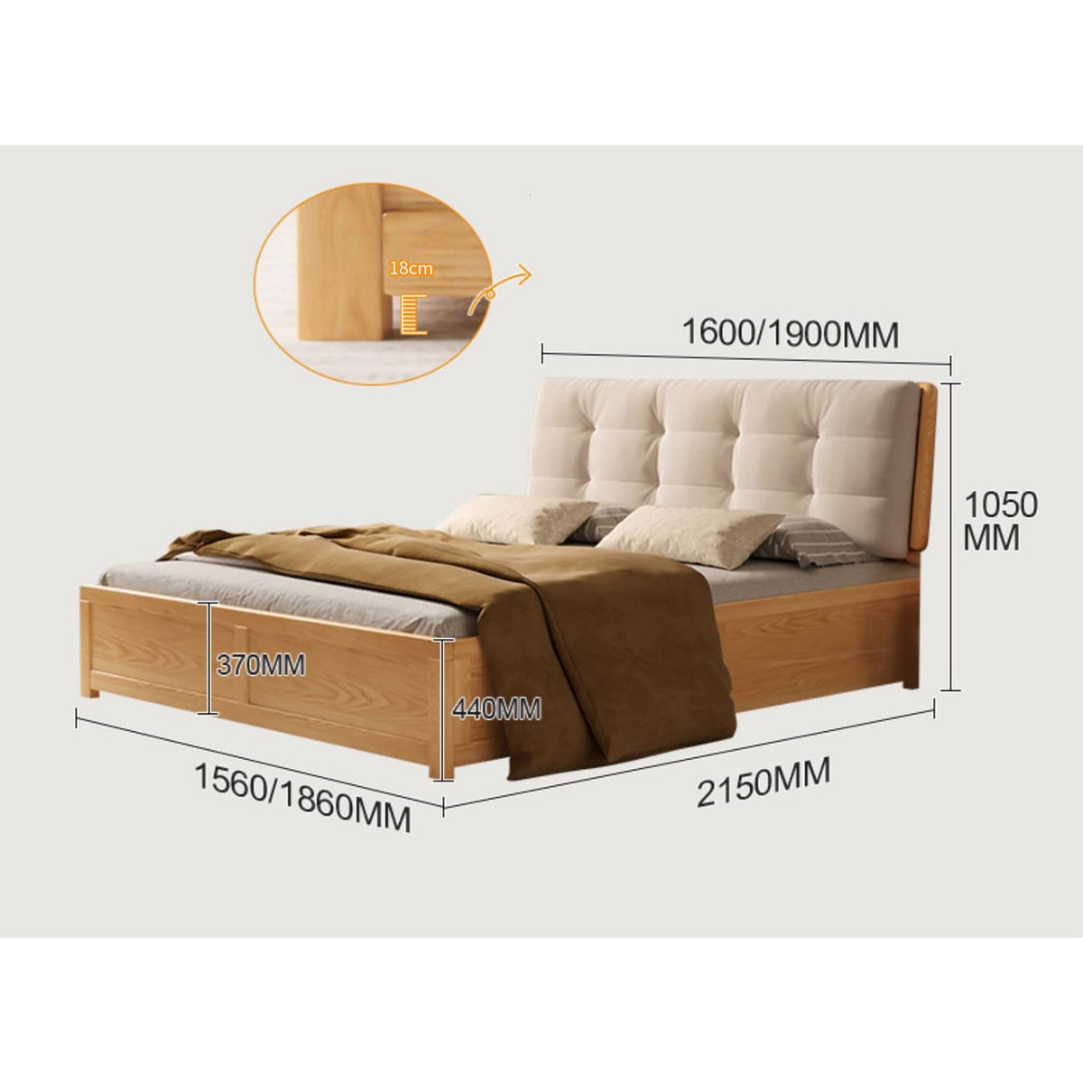 Luxurious Off White Bed with Oak Wood Frame and Goose Down Fill - Scratch-Resistant Fabric Finish hbzwg-632