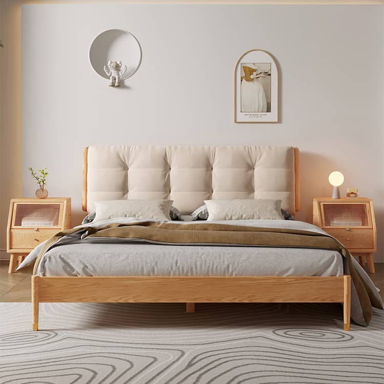 Luxurious Off White Bed with Oak Wood Frame and Goose Down Fill - Scratch-Resistant Fabric Finish hbzwg-632