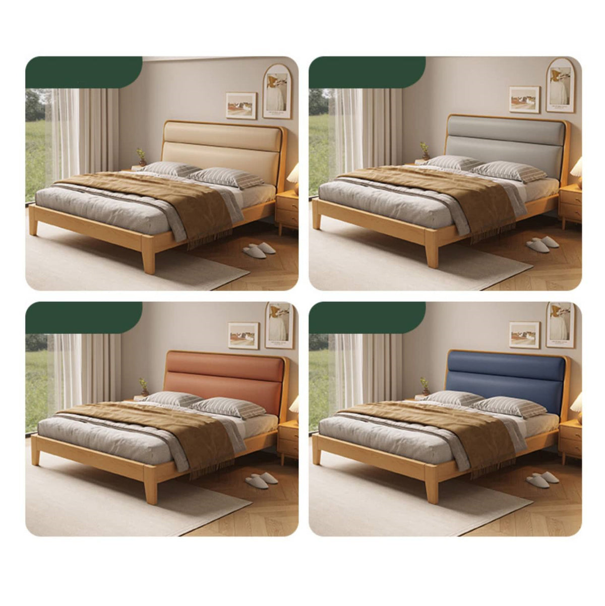 Stylish Multi-Tone Bed with Light Brown, Gray, Orange, Blue Synthetic Leather & Oak-Pine Wood Finish hbzwg-633