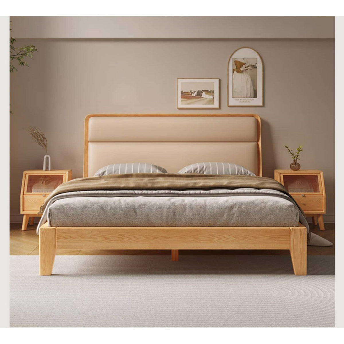 Stylish Multi-Tone Bed with Light Brown, Gray, Orange, Blue Synthetic Leather & Oak-Pine Wood Finish hbzwg-633