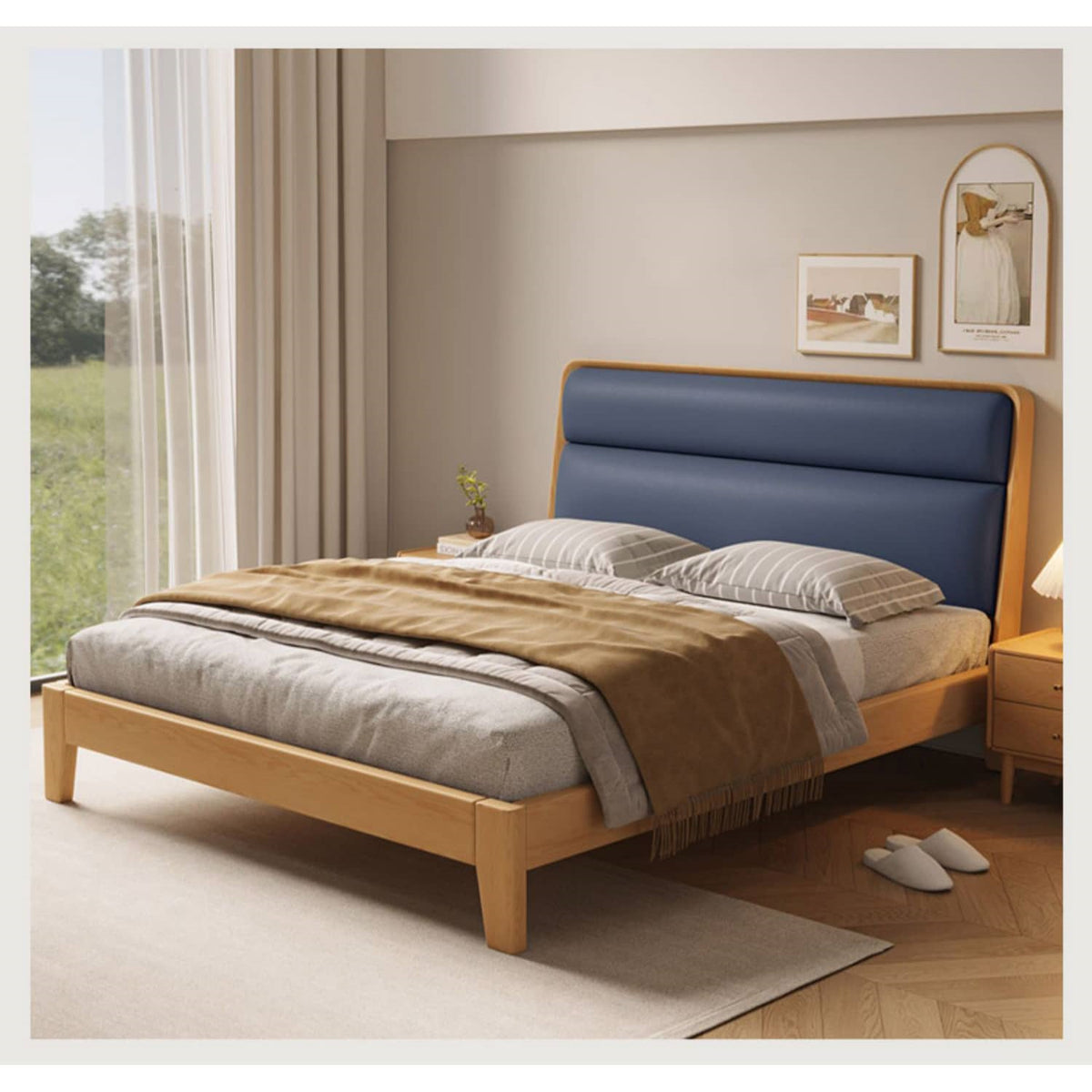 Stylish Multi-Tone Bed with Light Brown, Gray, Orange, Blue Synthetic Leather & Oak-Pine Wood Finish hbzwg-633