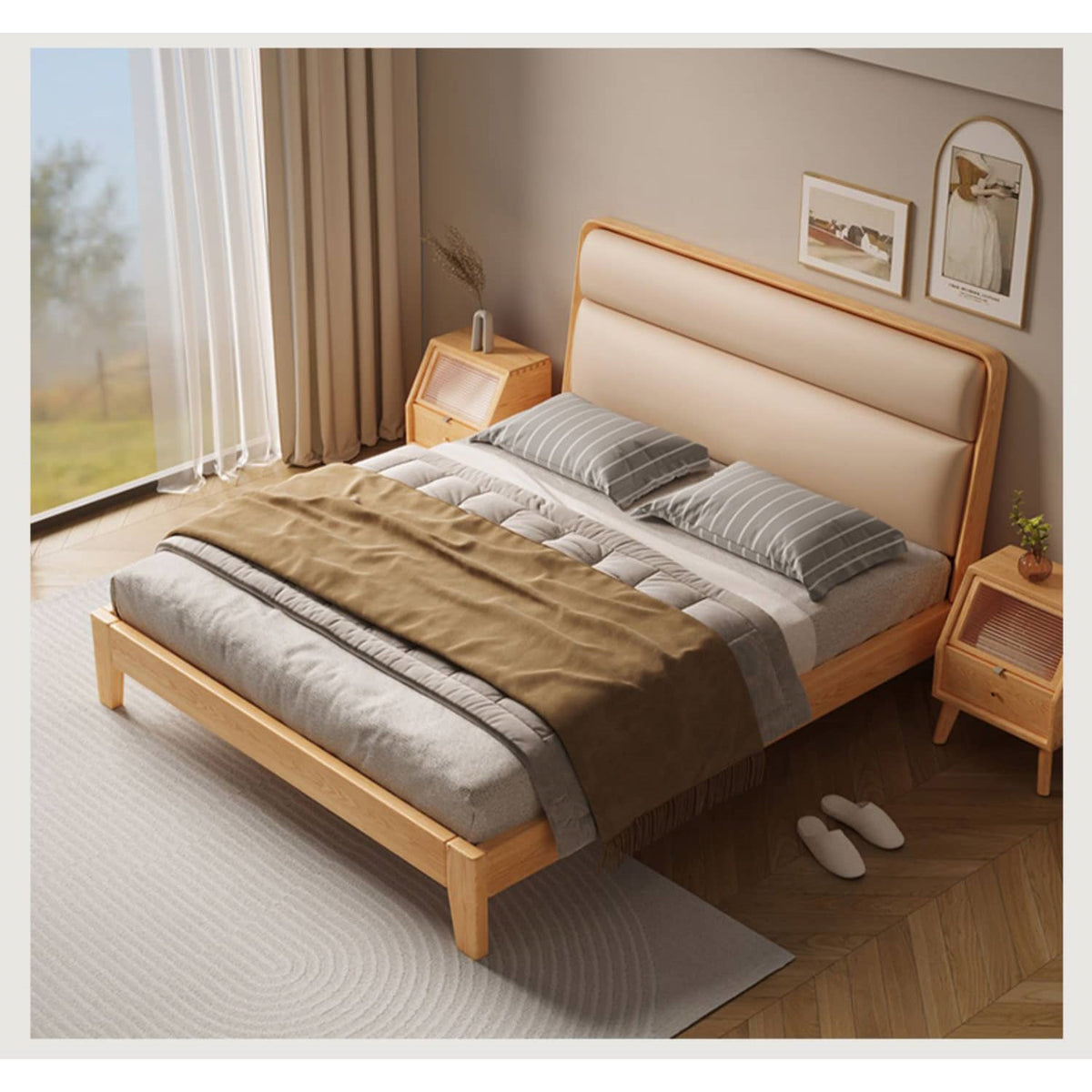 Stylish Multi-Tone Bed with Light Brown, Gray, Orange, Blue Synthetic Leather & Oak-Pine Wood Finish hbzwg-633