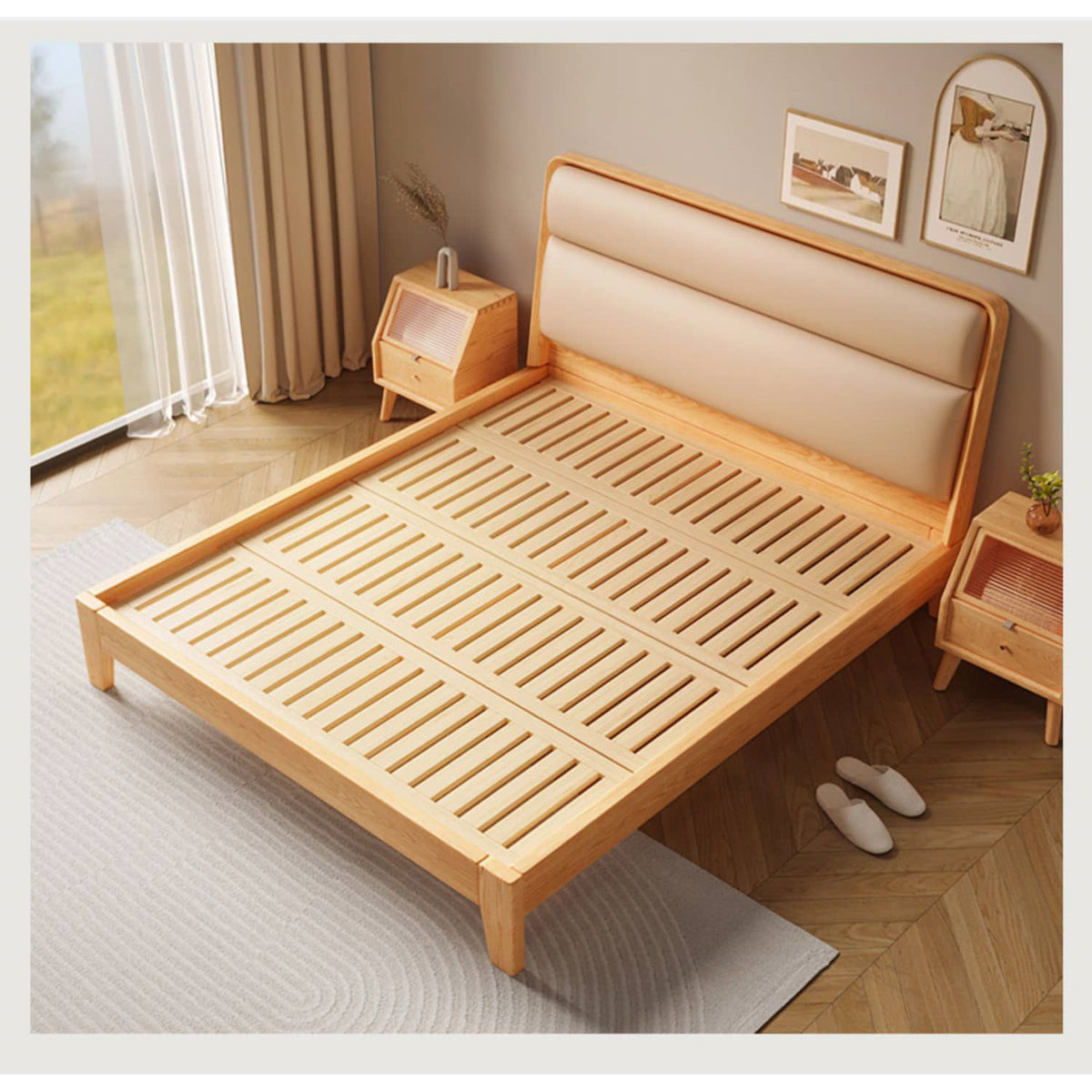 Stylish Multi-Tone Bed with Light Brown, Gray, Orange, Blue Synthetic Leather & Oak-Pine Wood Finish hbzwg-633