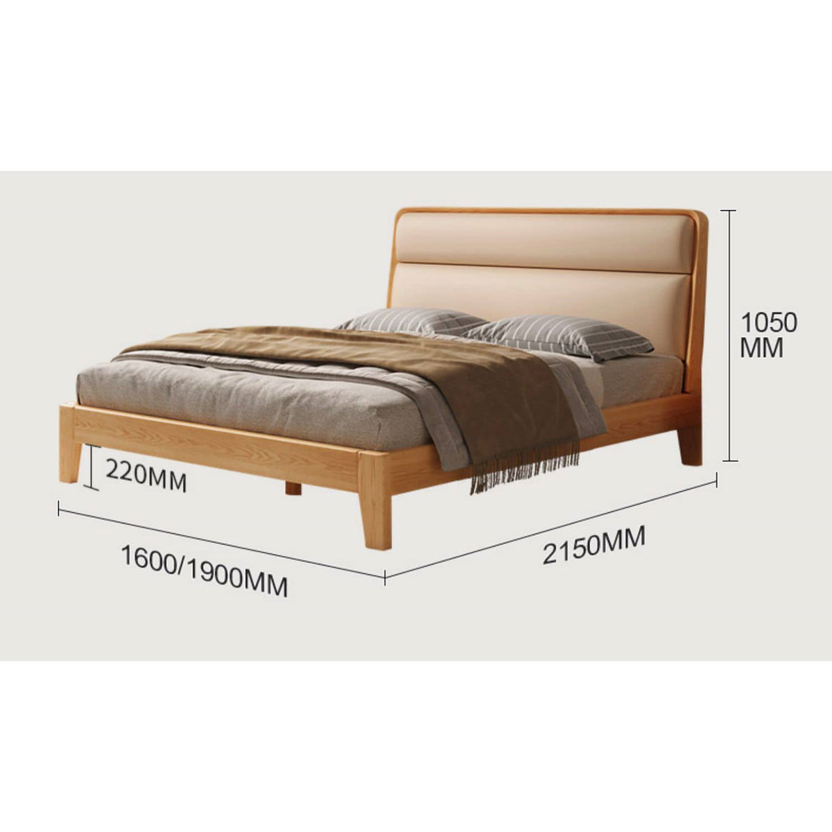 Stylish Multi-Tone Bed with Light Brown, Gray, Orange, Blue Synthetic Leather & Oak-Pine Wood Finish hbzwg-633