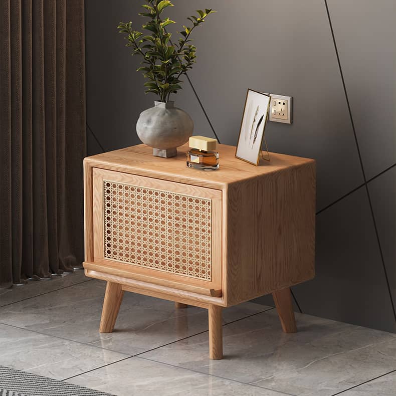 Stylish Oak Wood & Rattan Bedside Cabinet - Natural Wood Finish hbzwg-635