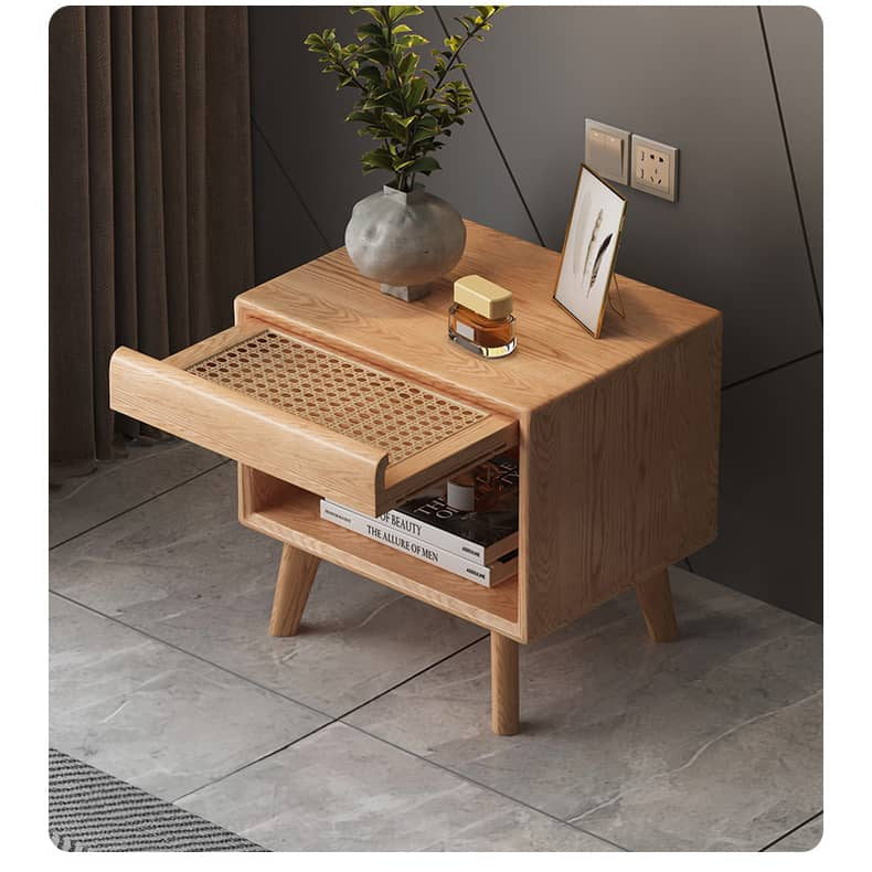 Stylish Oak Wood & Rattan Bedside Cabinet - Natural Wood Finish hbzwg-635