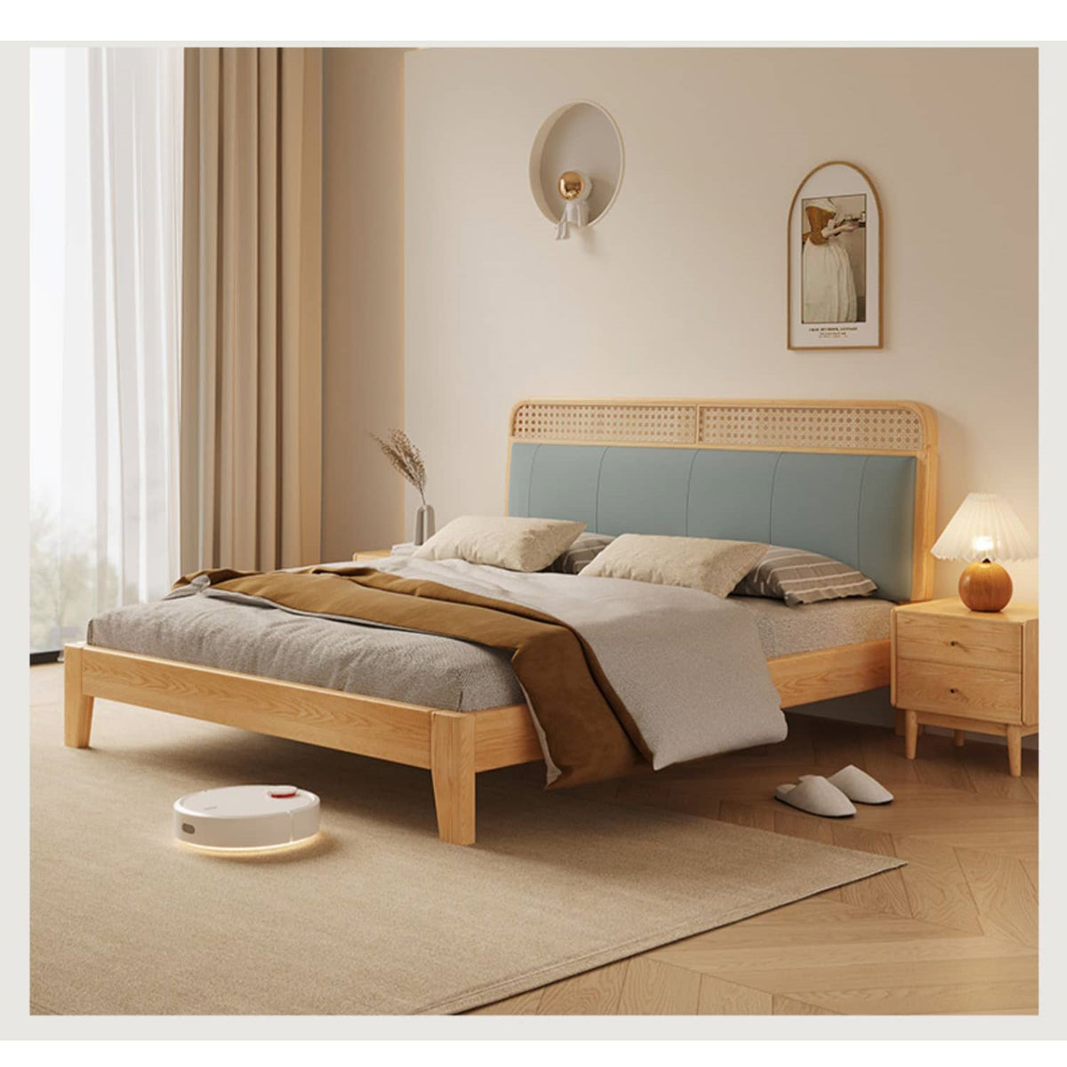 Stylish Blue and Yellow Synthetic Leather Bed with Pine and Oak Wood Elements hbzwg-636