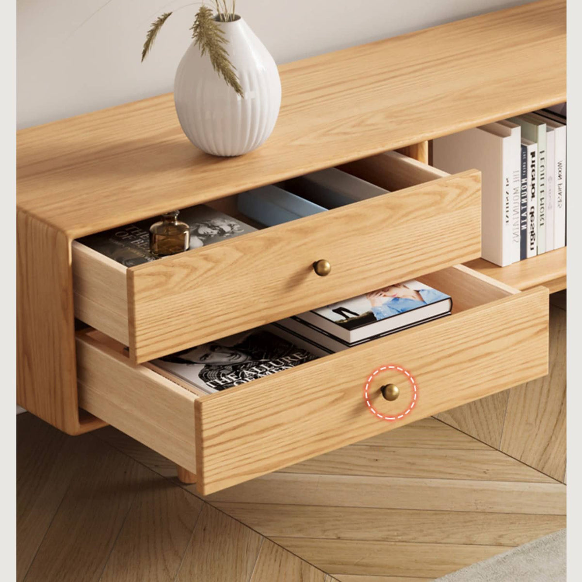 Stylish Oak Wood TV Cabinet with Rattan and Metal Accents hbzwg-639