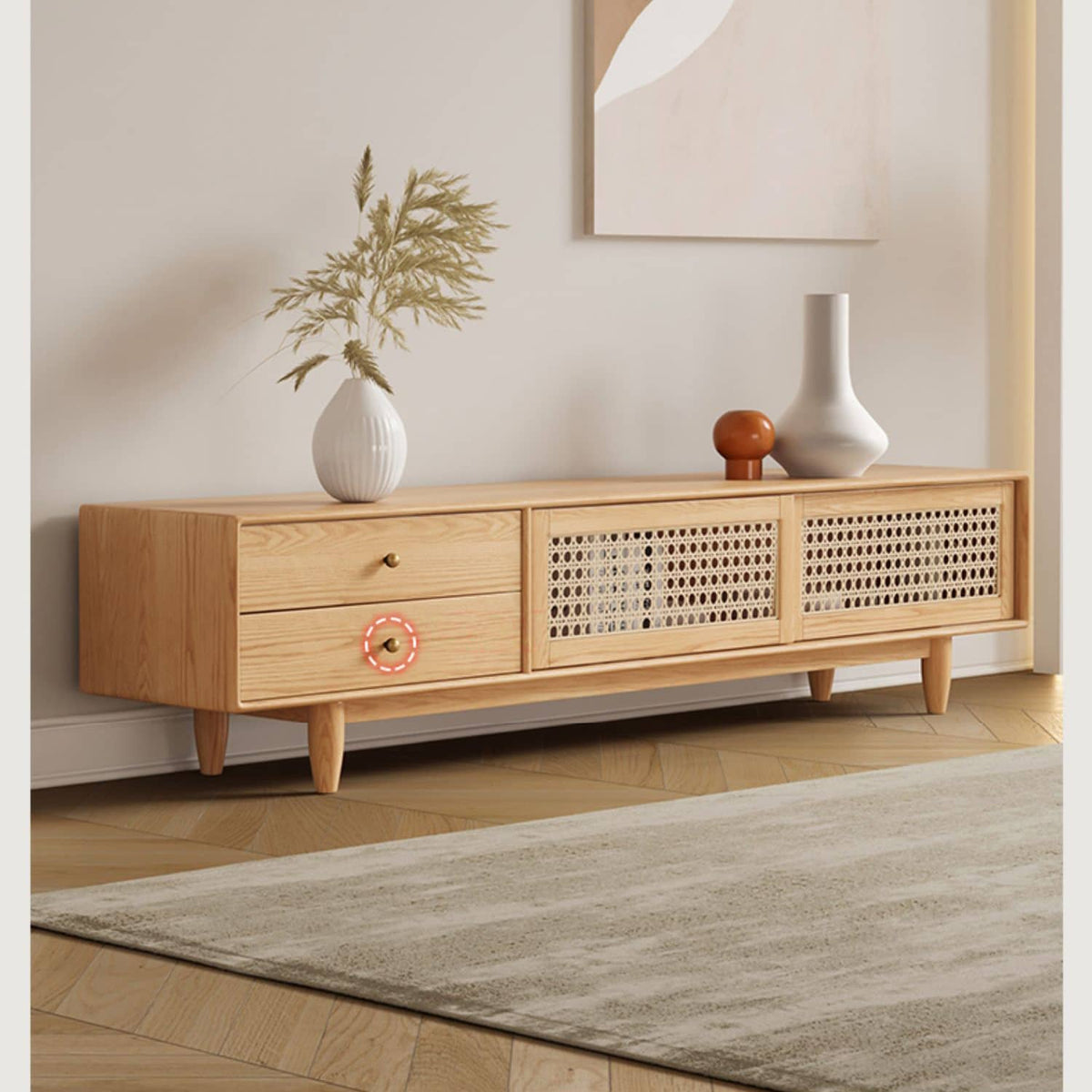 Stylish Oak Wood TV Cabinet with Rattan and Metal Accents hbzwg-639