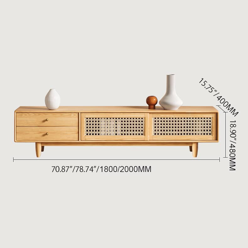 Stylish Oak Wood TV Cabinet with Rattan and Metal Accents hbzwg-639