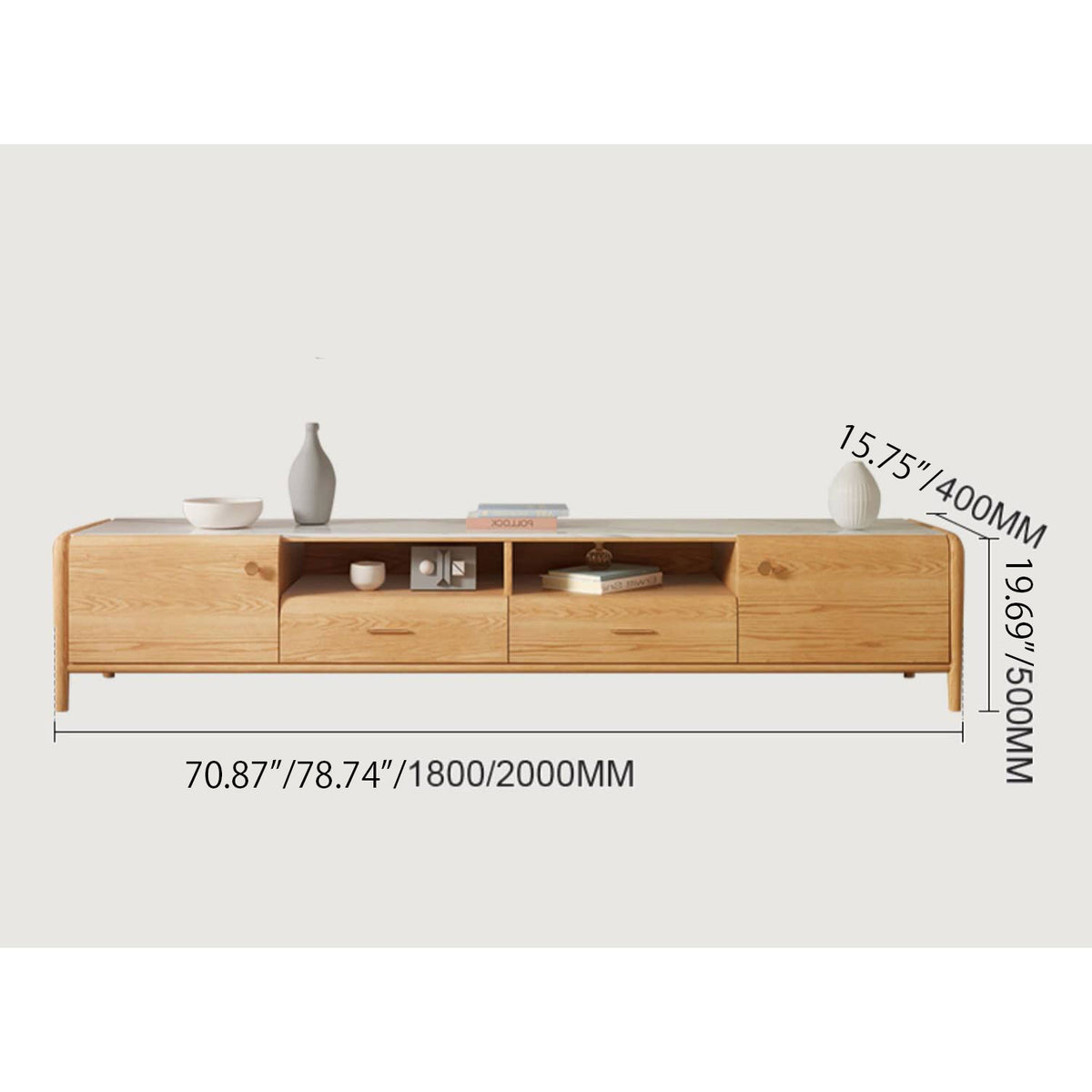 Modern TV Cabinet with White Sintered Stone and Oak Wood Accents hbzwg-640