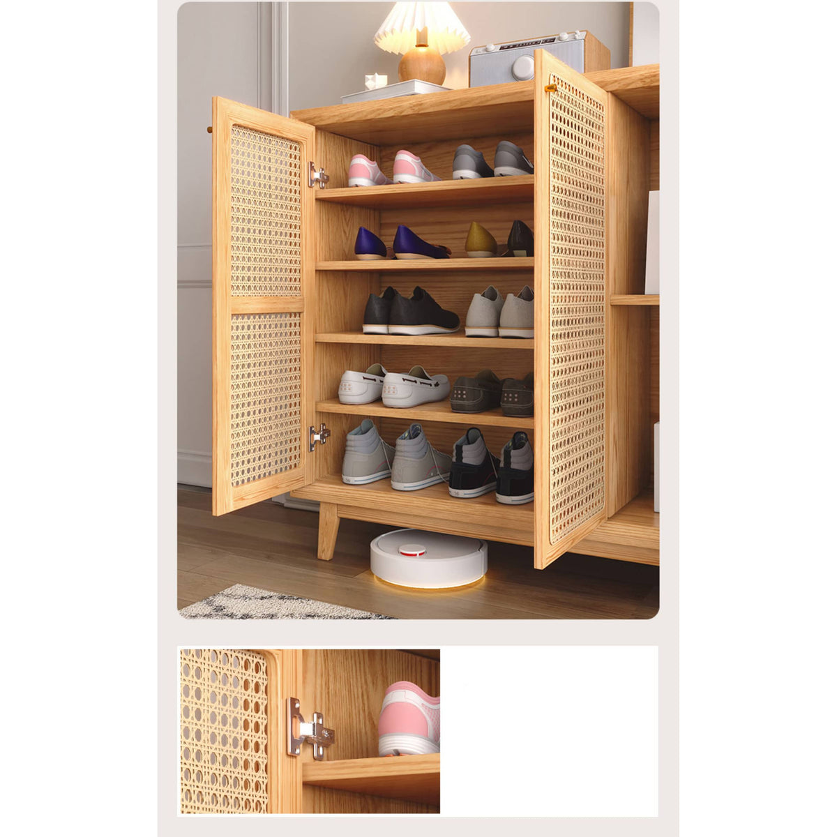 Natural Oak Wood Cabinet with Rattan Doors and Metal Accents hbzwg-647