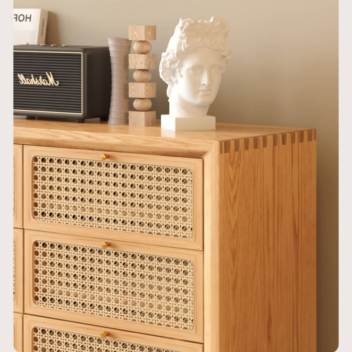 Stylish Oak Wood Cabinet with Rattan Accents and Metal Detailing hbzwg-648