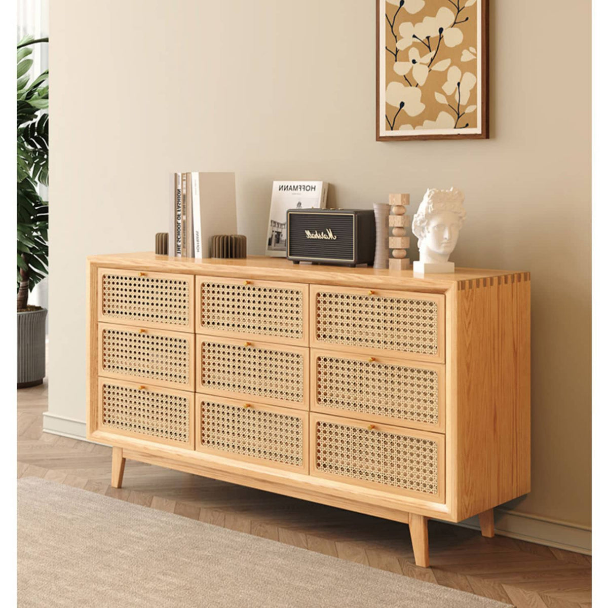 Stylish Oak Wood Cabinet with Rattan Accents and Metal Detailing hbzwg-648