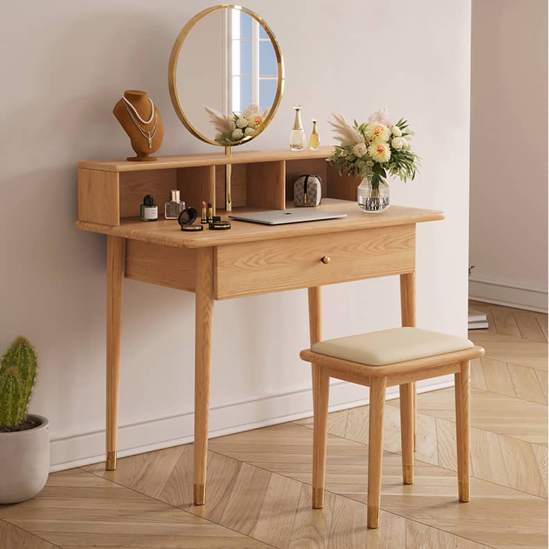 Elegant Oak Wood and Metal Vanity Table with Glass Top hbzwg-652