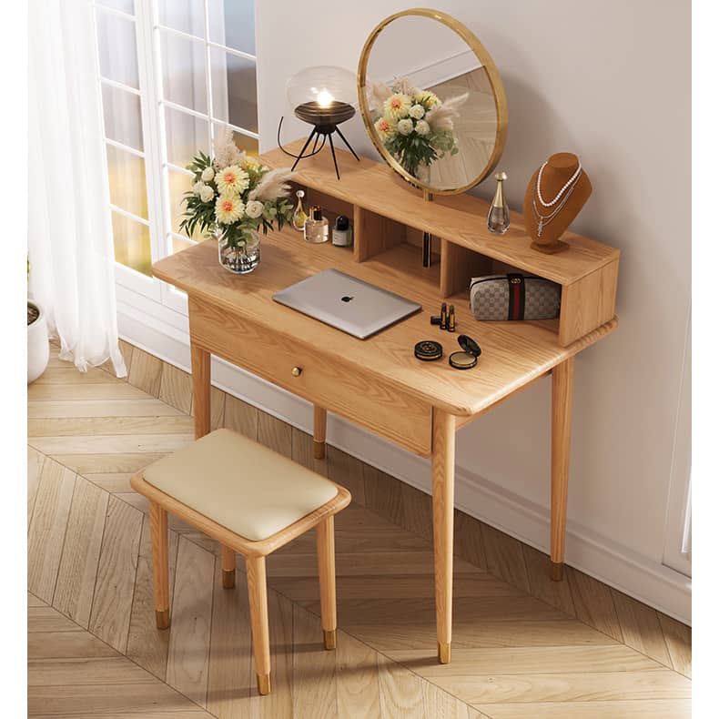 Elegant Oak Wood and Metal Vanity Table with Glass Top hbzwg-652