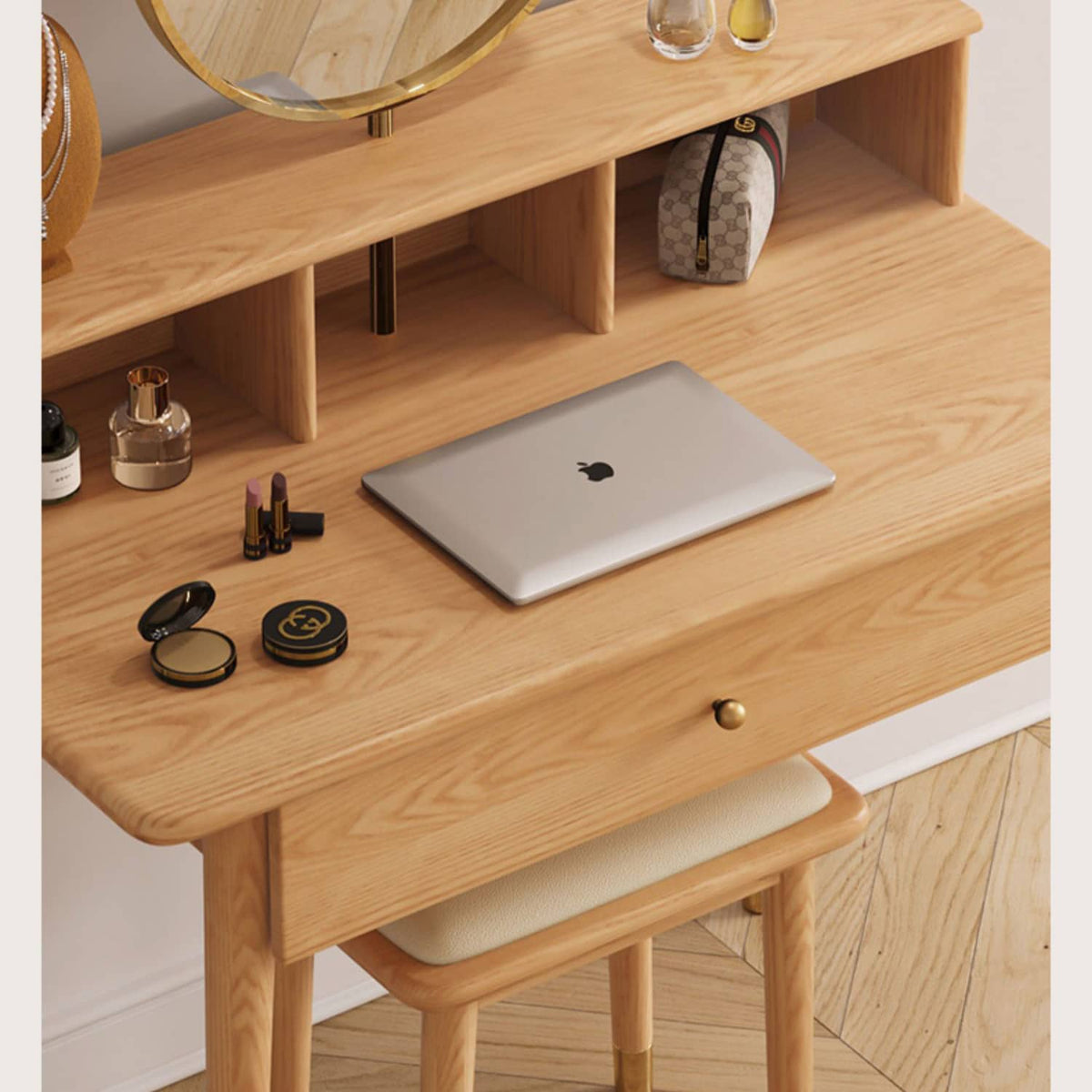 Elegant Oak Wood and Metal Vanity Table with Glass Top hbzwg-652