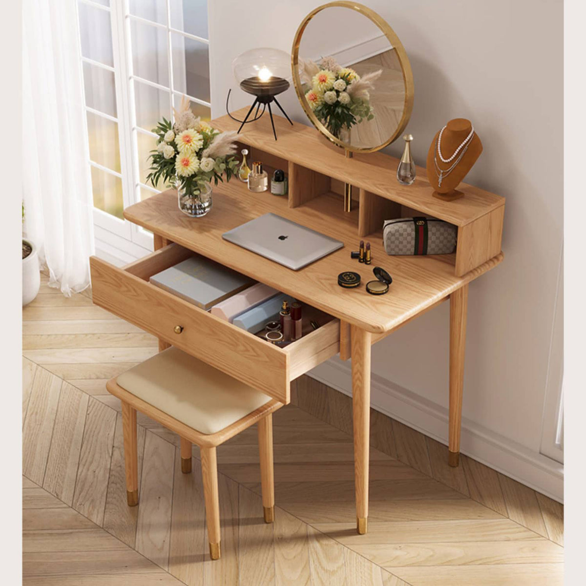 Elegant Oak Wood and Metal Vanity Table with Glass Top hbzwg-652