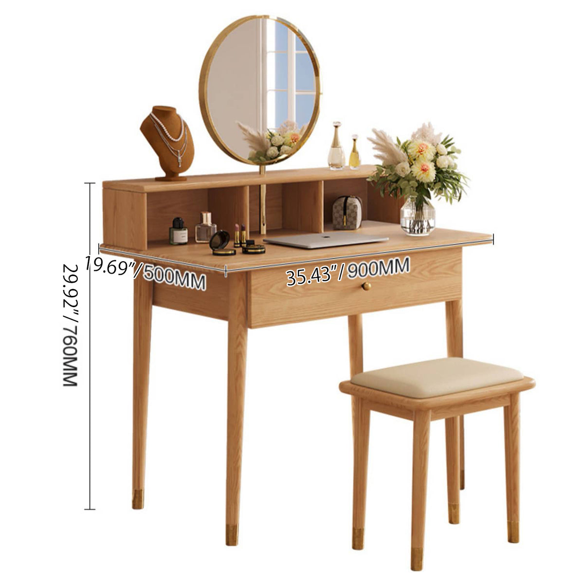 Elegant Oak Wood and Metal Vanity Table with Glass Top hbzwg-652