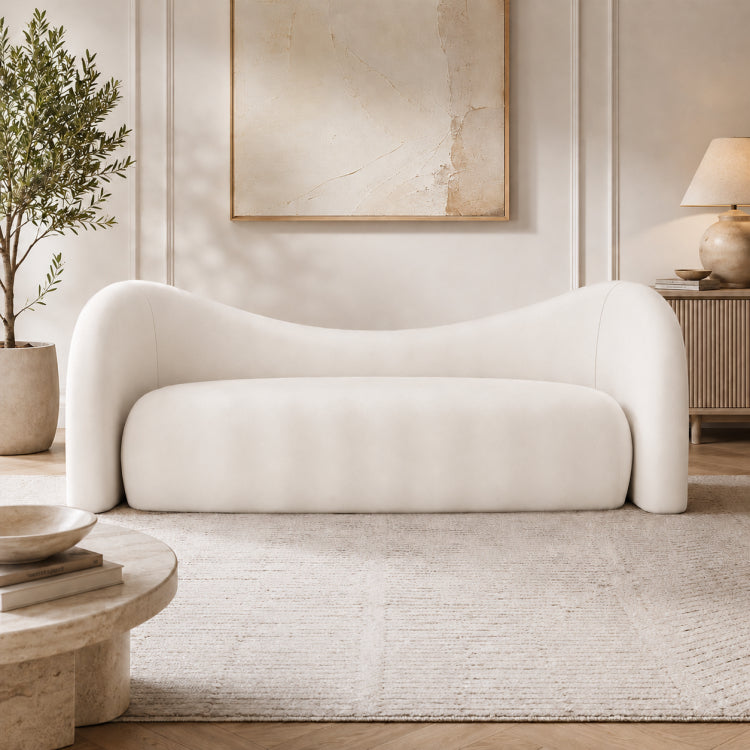 Modern Off-White Faux Lambswool Curved Sofa, Cute Round-Shaped Couch for Living Room hch-3071