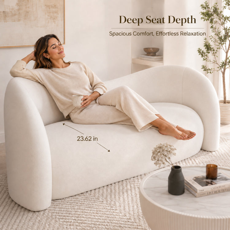 Modern Off-White Faux Lambswool Curved Sofa, Cute Round-Shaped Couch for Living Room hch-3071