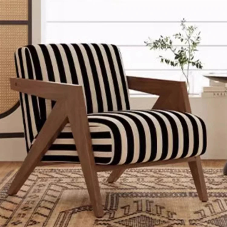 Stylish Solid Wood Accent Chair in Beige Cotton and Linen Upholstery - Modern Mid-Century Design for Living Room & Office hch-3087