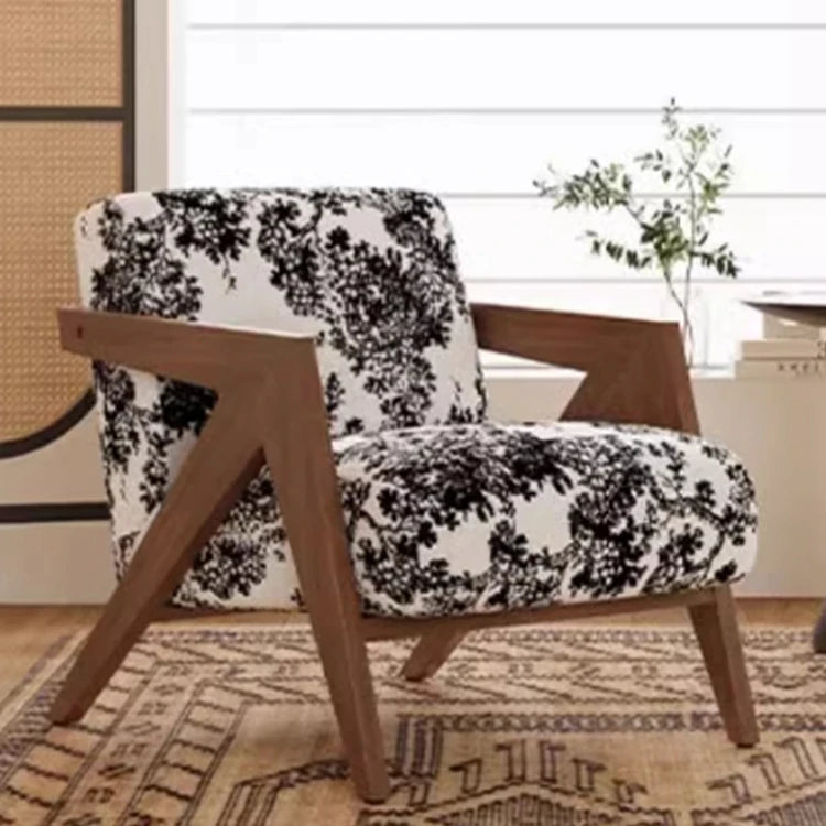 Stylish Solid Wood Accent Chair in Beige Cotton and Linen Upholstery - Modern Mid-Century Design for Living Room & Office hch-3087