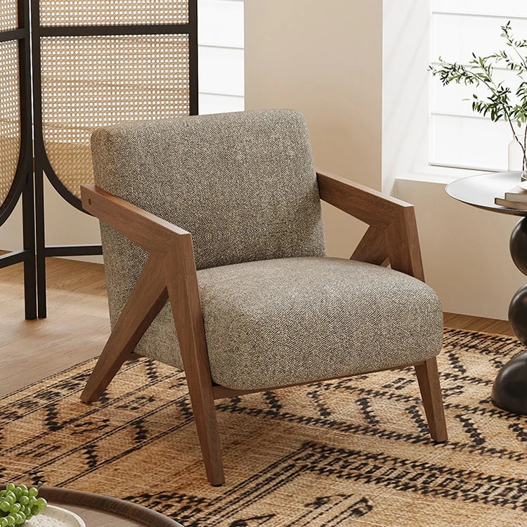 Stylish Solid Wood Accent Chair in Beige Cotton and Linen Upholstery - Modern Mid-Century Design for Living Room & Office hch-3087