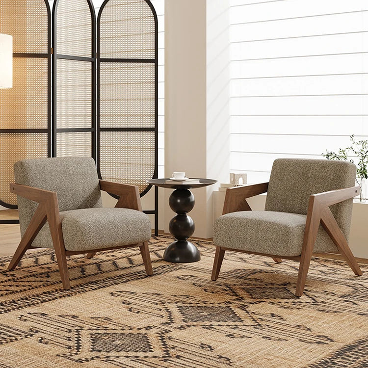 Stylish Solid Wood Accent Chair in Beige Cotton and Linen Upholstery - Modern Mid-Century Design for Living Room & Office hch-3087