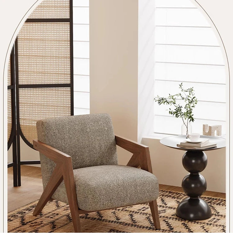 Stylish Solid Wood Accent Chair in Beige Cotton and Linen Upholstery - Modern Mid-Century Design for Living Room & Office hch-3087