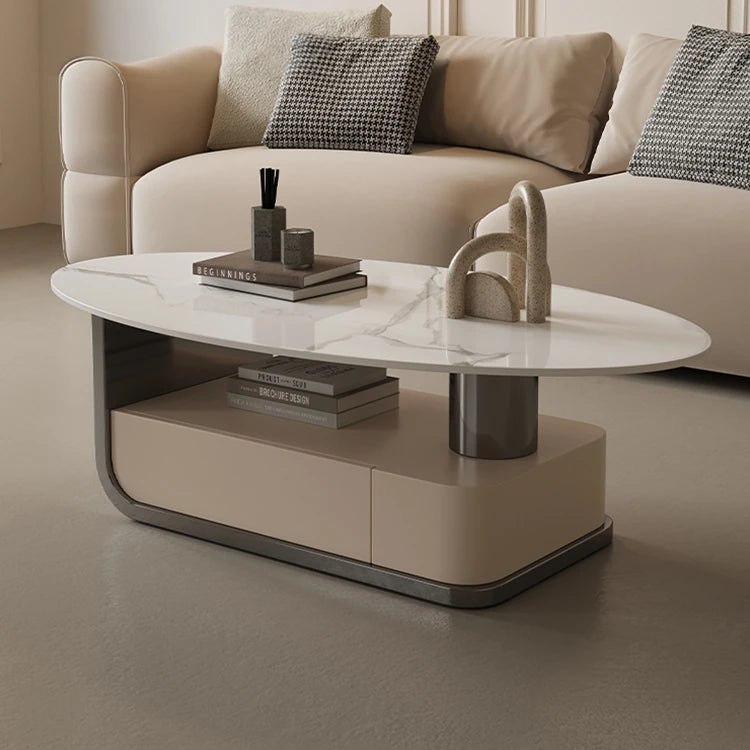 Modern Oval Marble Coffee Table with Stylish Storage - Elegant Living Room Furniture hch-3094