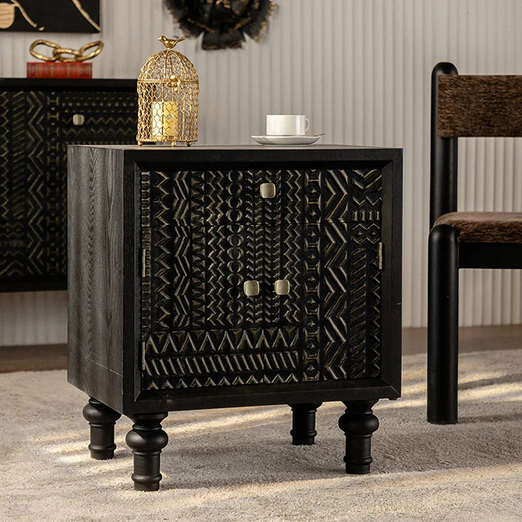 Elegant Pine Bedside Cupboard with Intricate Carved Design - Stylish Nightstand for Modern Homes hdst-4234