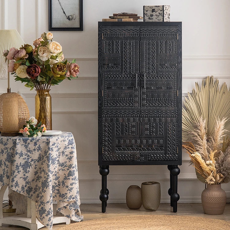 Elegant Black Pine TV Cabinet with Intricate Geometric Carvings - Tall Storage Solution for Modern Interiors hdst-4249