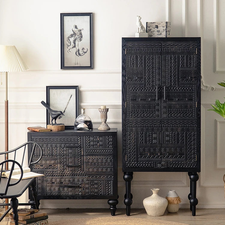 Elegant Black Pine TV Cabinet with Intricate Geometric Carvings - Tall Storage Solution for Modern Interiors hdst-4249