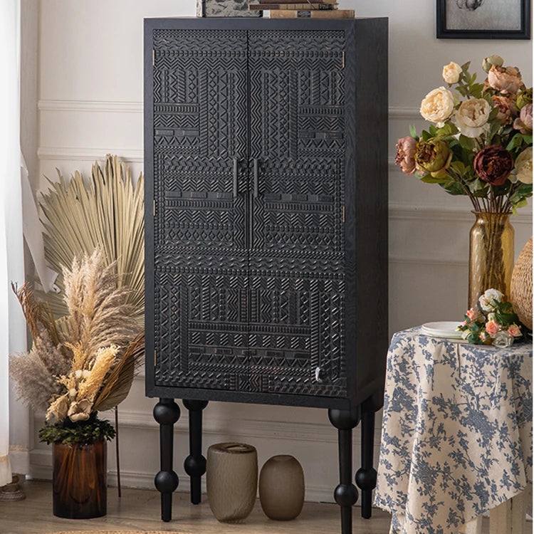 Elegant Black Pine TV Cabinet with Intricate Geometric Carvings - Tall Storage Solution for Modern Interiors hdst-4249