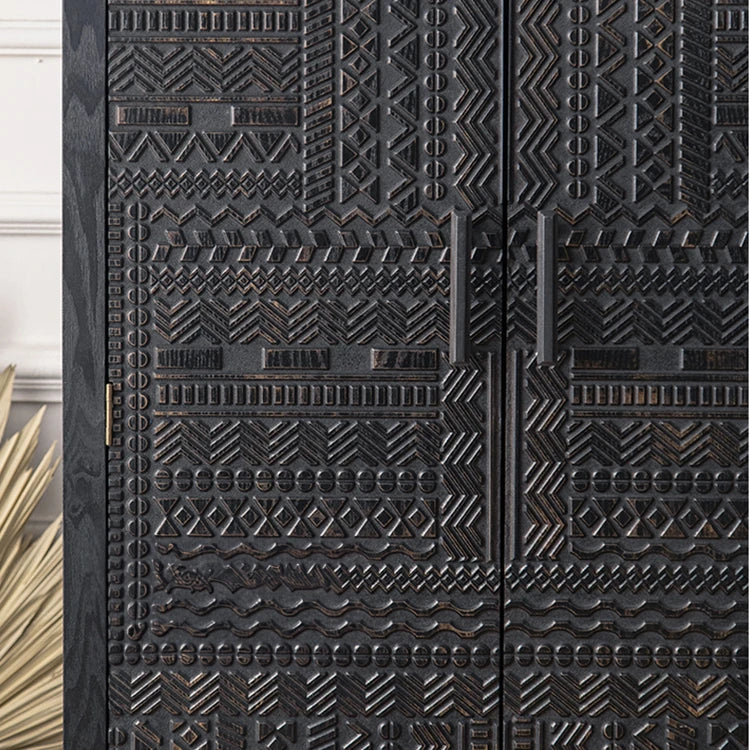 Elegant Black Pine TV Cabinet with Intricate Geometric Carvings - Tall Storage Solution for Modern Interiors hdst-4249